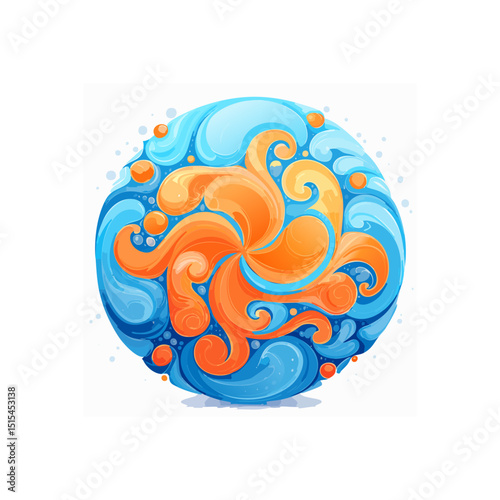 Abstract swirling pattern design featuring orange swirls and blue water waves