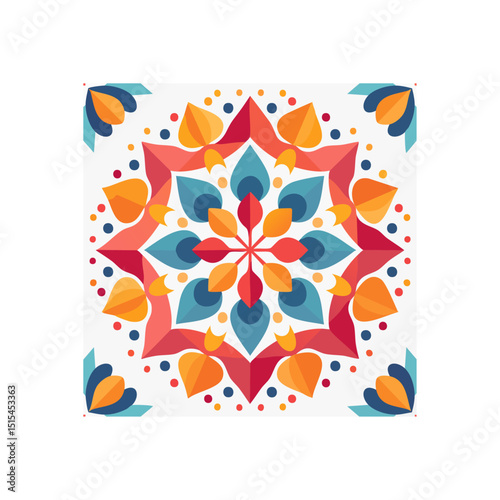 Colorful geometric floral pattern with symmetrical shapes and radial design