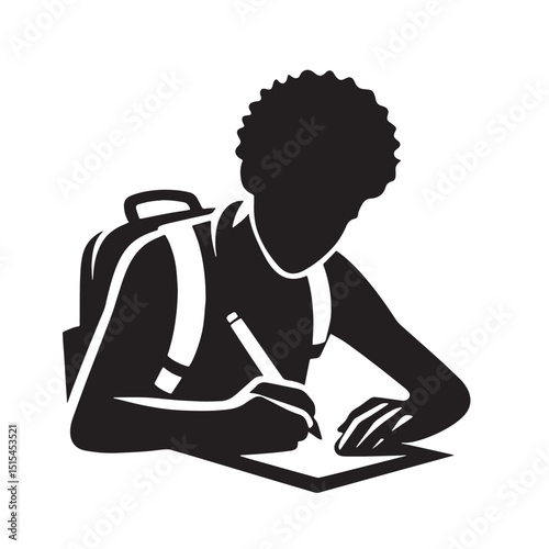 Black Color Student writing Silhouette Vector Illustration, Solid White Background