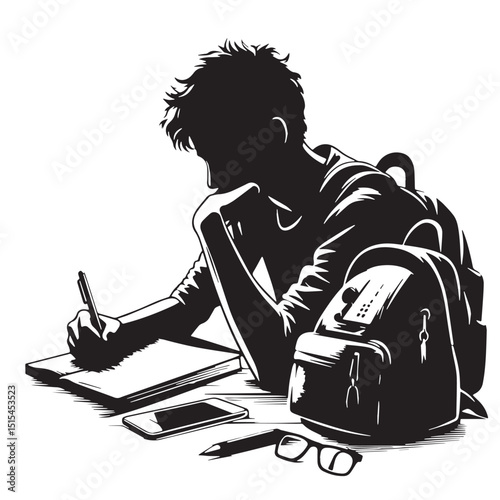 Black Color Student writing Silhouette Vector Illustration, Solid White Background