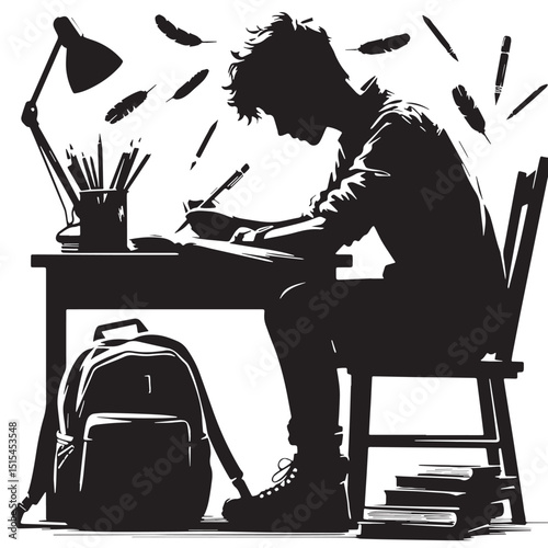 Black Color Student writing Silhouette Vector Illustration, Solid White Background
