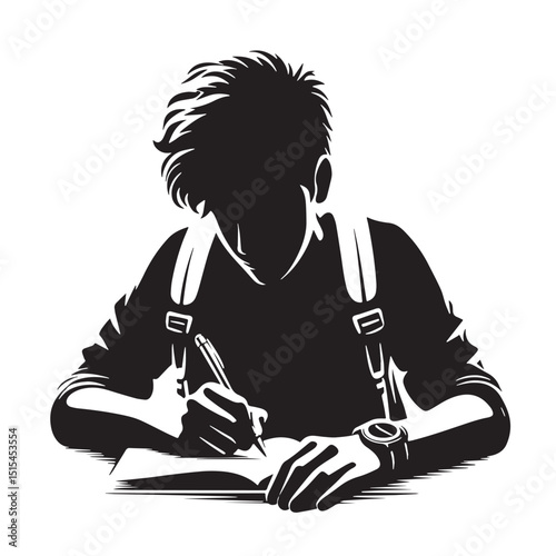 Black Color Student writing Silhouette Vector Illustration, Solid White Background