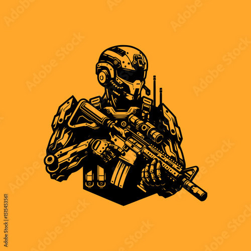 Futuristic Soldier Vector Illustration in Black on Orange Background with Tactical Armor and Rifle in Sci Fi Combat Style