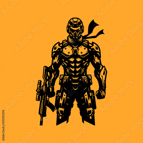 Futuristic Soldier Vector Illustration in Black on Orange Background with Tactical Armor and Rifle in Sci Fi Combat Style