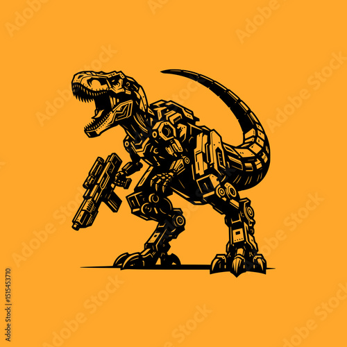 Robotic T Rex Dinosaur Vector Illustration in Black on Orange Background with Mechanical Details and Futuristic Sci Fi Design