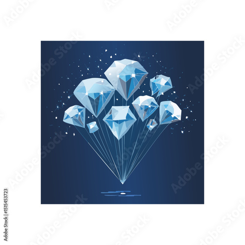 Group of geometric diamonds floating with light rays on a dark background