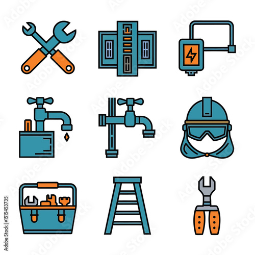  vector icons representing home fix and factory maintenance, gas and electricity maintenance                              
