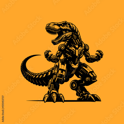 Robotic T Rex Dinosaur Vector Illustration in Black on Orange Background with Mechanical Details and Futuristic Sci Fi Design