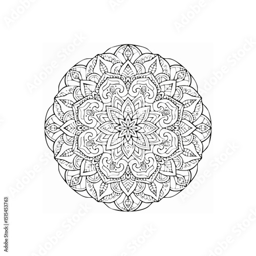 Intricate floral mandala design with symmetrical patterns in black and white
