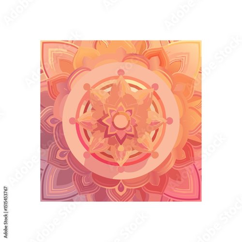 Intricate floral mandala illustration with soft orange and pink hues radiating design