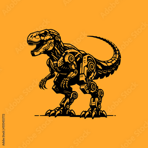 Robotic T Rex Dinosaur Vector Illustration in Black on Orange Background with Mechanical Details and Futuristic Sci Fi Design
