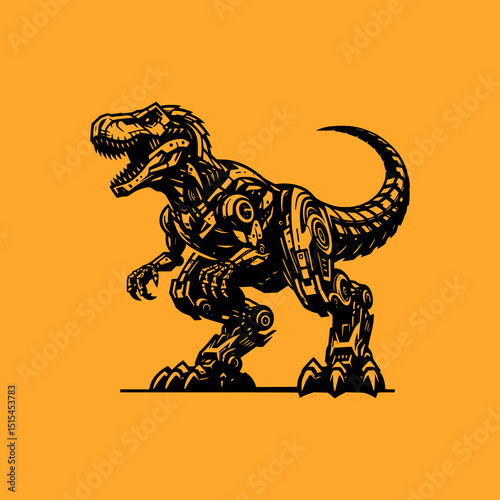Robotic T Rex Dinosaur Vector Illustration in Black on Orange Background with Mechanical Details and Futuristic Sci Fi Design