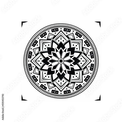 Intricate geometric mandala design with floral elements in black and white