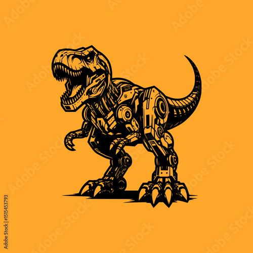 Robotic T Rex Dinosaur Vector Illustration in Black on Orange Background with Mechanical Details and Futuristic Sci Fi Design