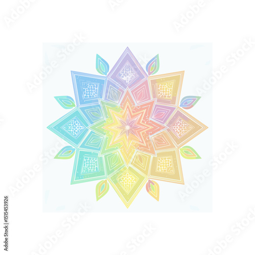 Pastel rainbow mandala illustration with geometric and floral elements