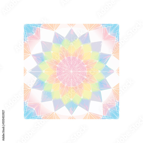 Pastel rainbow mandala design with geometric shapes and intricate details