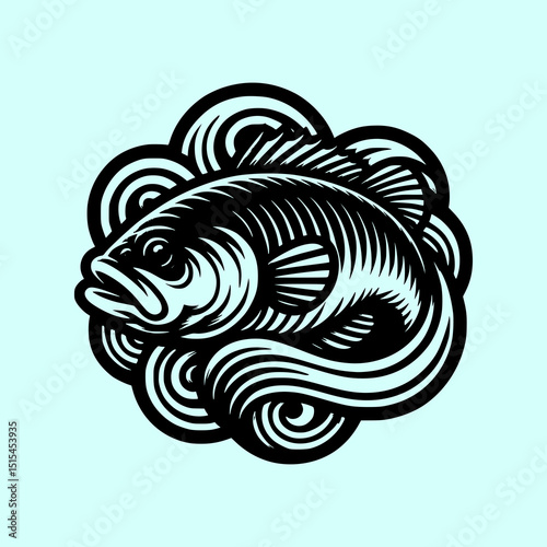 Tribal Fish Vector Illustration in Black on Light Blue Background with Bold Lines and Stylized Water Waves in Tattoo Style