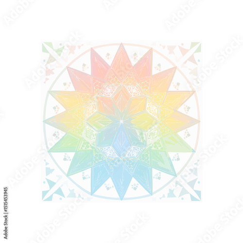 Pastel rainbow starburst mandala design with intricate geometric patterns and texture