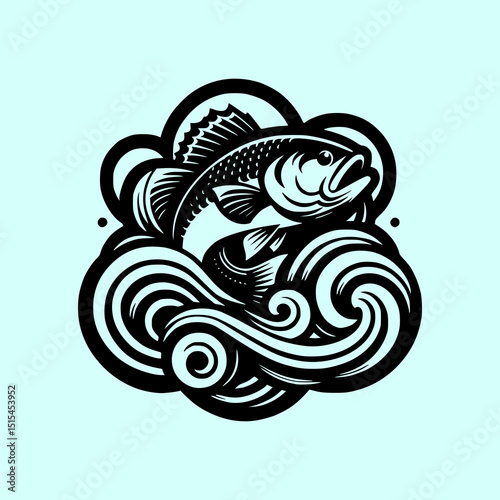 Tribal Fish Vector Illustration in Black on Light Blue Background with Bold Lines and Stylized Water Waves in Tattoo Style