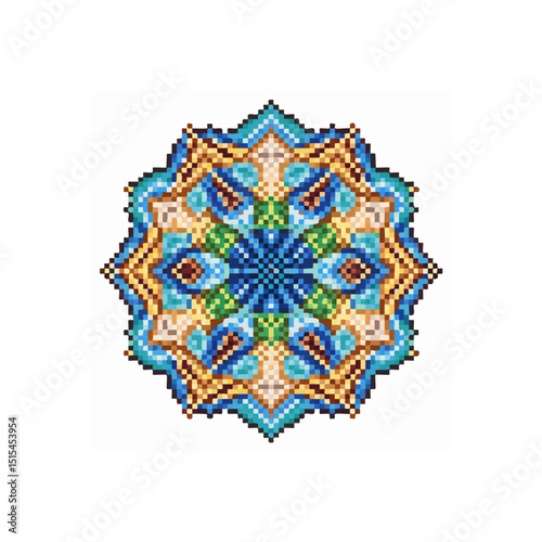 Pixelated kaleidoscope pattern with vibrant colors and symmetrical design