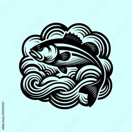 Tribal Fish Vector Illustration in Black on Light Blue Background with Bold Lines and Stylized Water Waves in Tattoo Style