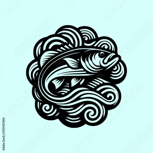Tribal Fish Vector Illustration in Black on Light Blue Background with Bold Lines and Stylized Water Waves in Tattoo Style