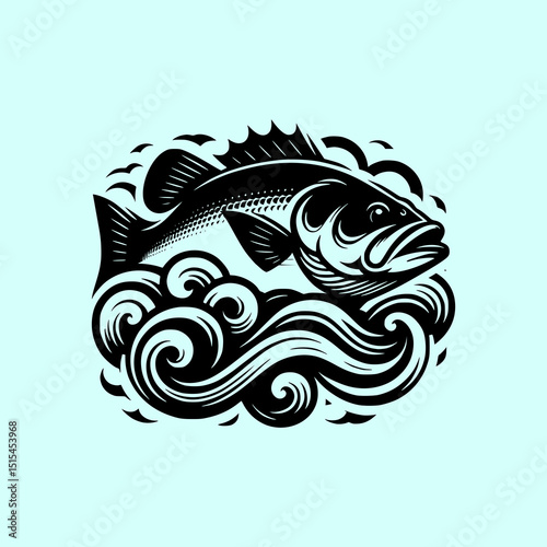 Tribal Fish Vector Illustration in Black on Light Blue Background with Bold Lines and Stylized Water Waves in Tattoo Style
