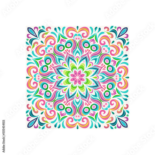 Vibrant floral mandala pattern in pink, green, and teal hues illustration