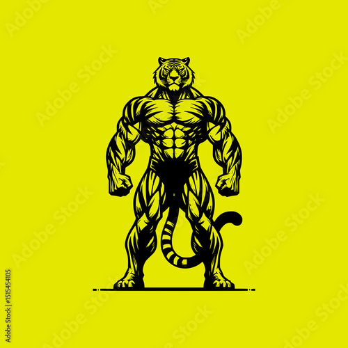 Tiger Superhero Vector Illustration with Muscular Body and Cape in Black on Yellow Background Powerful Animal Character Design