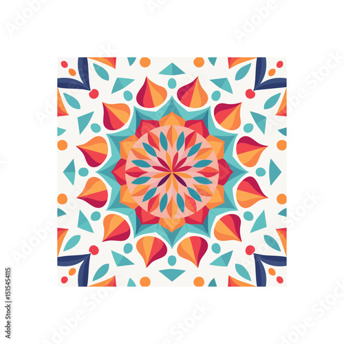 Vibrant geometric mandala pattern featuring symmetrical shapes and colors