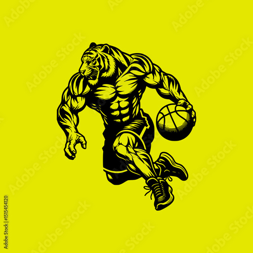 Tiger Basketball Player Vector Illustration with Muscular Body in Action Pose Dribbling Ball on Yellow Background Sports Mascot Style