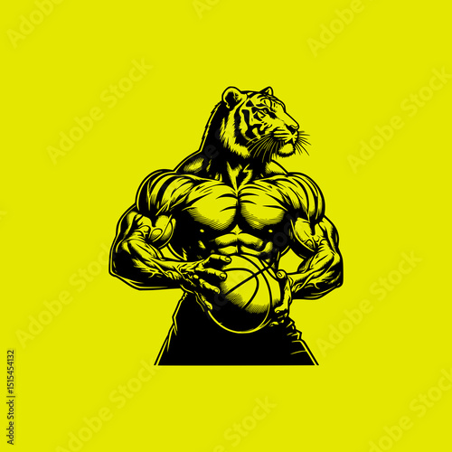 Tiger Basketball Player Vector Illustration with Muscular Body in Action Pose Dribbling Ball on Yellow Background Sports Mascot Style