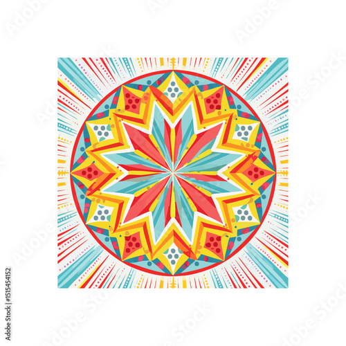 Vibrant kaleidoscopic mandala design with radiating shapes and geometric flair