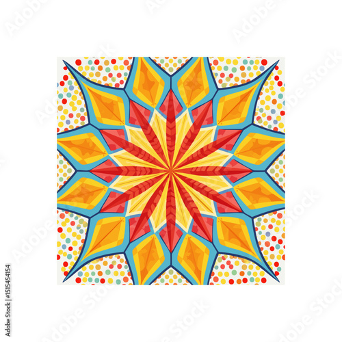 Vibrant kaleidoscopic design featuring a starburst pattern and polka dot background
