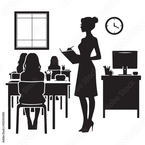 Black Color Teacher in classroom Silhouette Vector Illustration, Solid White Background