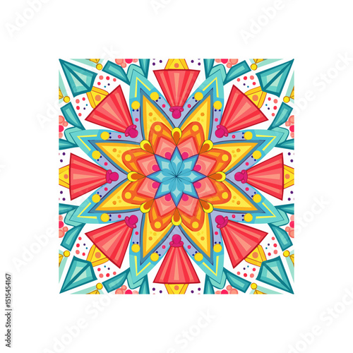 Vibrant kaleidoscopic vector illustration with symmetrical floral patterns