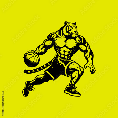 Tiger Basketball Player Vector Illustration with Muscular Body in Action Pose Dribbling Ball on Yellow Background Sports Mascot Style