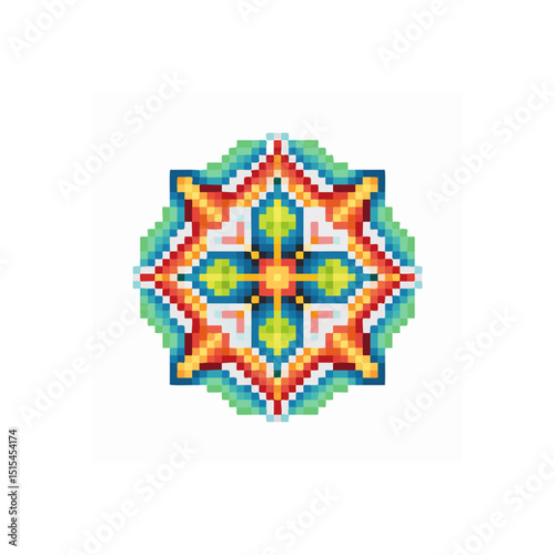 Vibrant pixel art mandala featuring geometric symmetry and bright colors