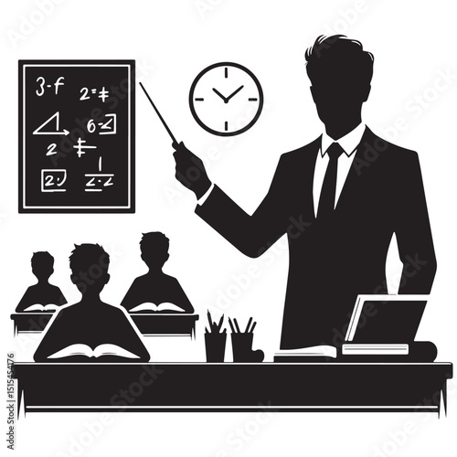 Black Color Teacher in classroom Silhouette Vector Illustration, Solid White Background