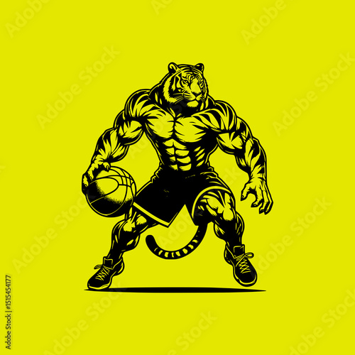 Tiger Basketball Player Vector Illustration with Muscular Body in Action Pose Dribbling Ball on Yellow Background Sports Mascot Style