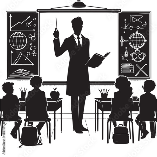 Black Color Teacher in classroom Silhouette Vector Illustration, Solid White Background