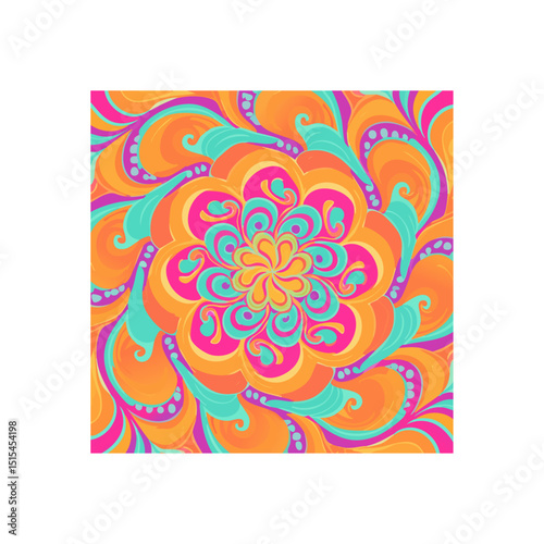 Vibrant psychedelic floral pattern featuring orange, pink, and teal colors