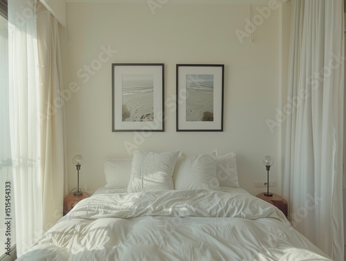 A white bed with two framed pictures on the wall. The bed is unmade. There are two pillows on the bed