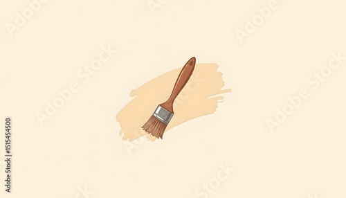 A paintbrush lays atop a blot of the same paint shade on a creamcolored background photo