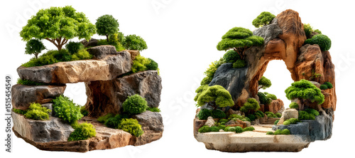 Two bonsai rock gardens with trees and moss isolated on transparent background