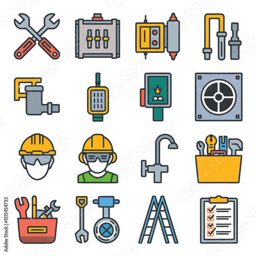  vector icons representing home fix and factory maintenance, gas and electricity maintenance                              
