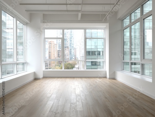 Wallpaper Mural A large open room with a view of the city. The floor is made of wood. There are no people in the room Torontodigital.ca