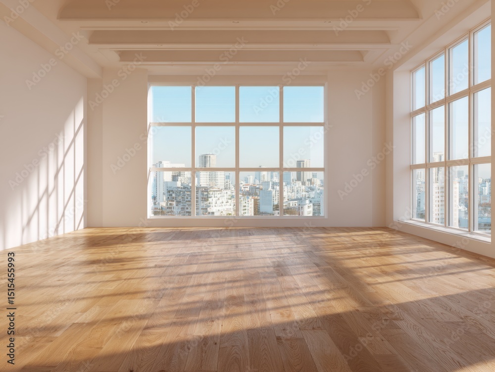Obraz premium A large room with a lot of windows and a wooden floor. The room is empty and has a lot of natural light coming in from the windows