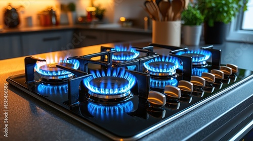 Modern Kitchen Gas Stovetop with Blue Flames