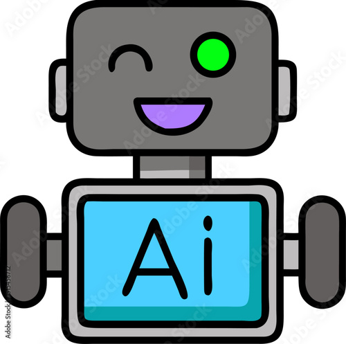 AI - themed Vector Robot Icon. Includes a gray robot with an "Ai" sign on the chest and a speech bubble with a green checkmark. Editable outlines. Vector illustrations.